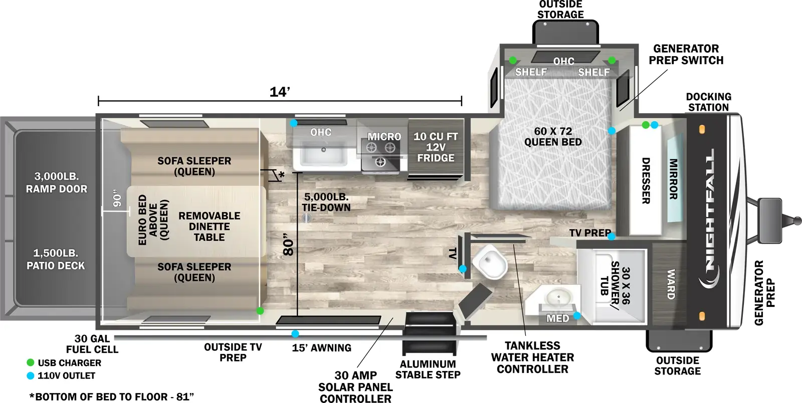 The Nightfall 21N floorplan is a toy hauler that has one entry and one slide out. Exterior features include: fiberglass exterior, 15' awning and  outside entertainment. Interiors features include: front bedroom.